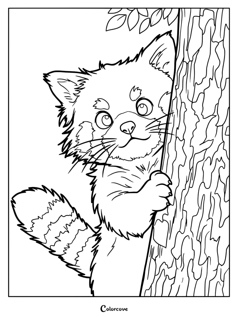A cute red panda peeking from behind a textured tree trunk in this printable coloring page.