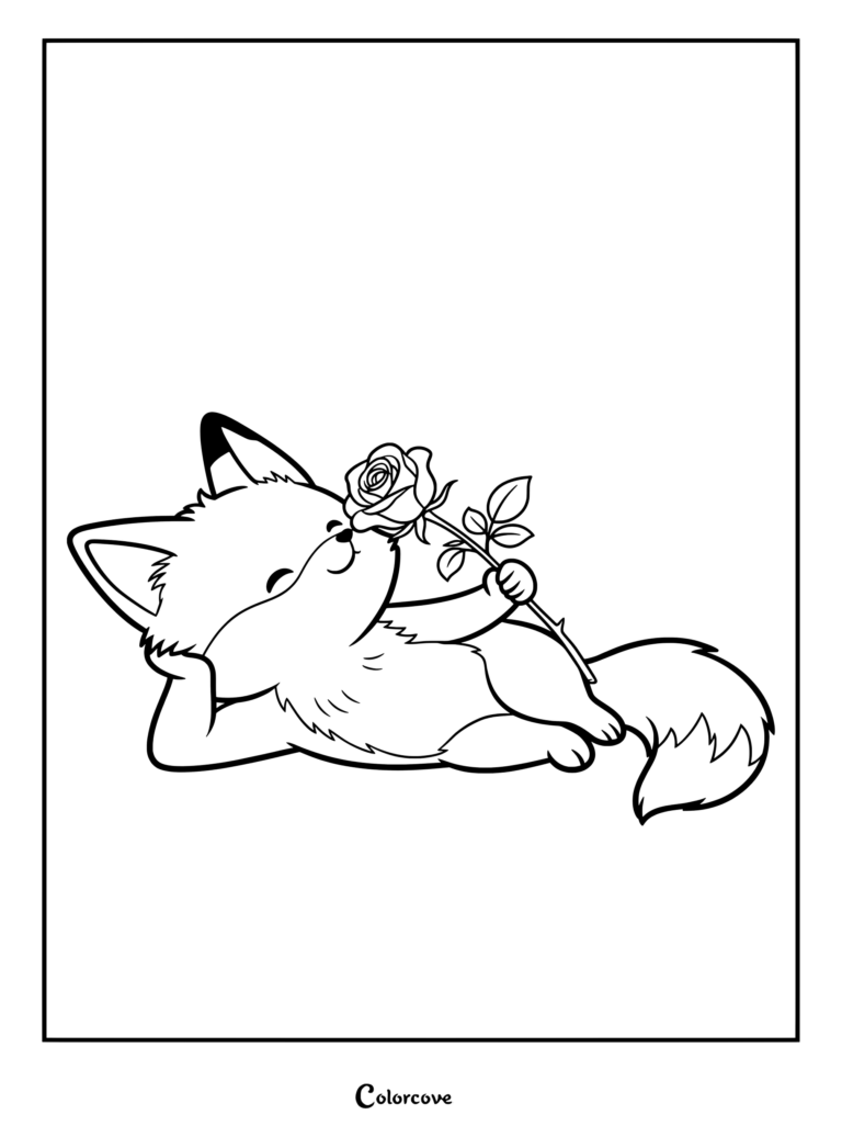 A cute red panda lying down and smelling a single rose in this printable coloring page.
