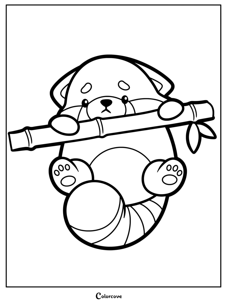 A cute red panda holding a bamboo stalk in this printable coloring page.