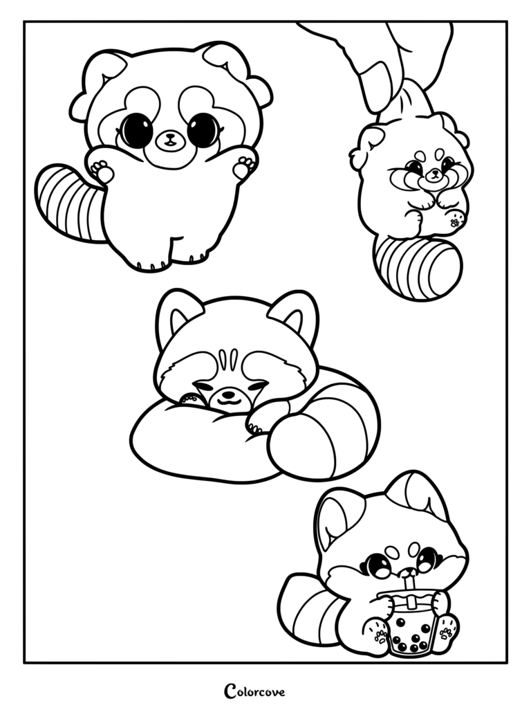 A coloring page featuring four cute red pandas: one standing, one being held, one sleeping, and one drinking boba tea.