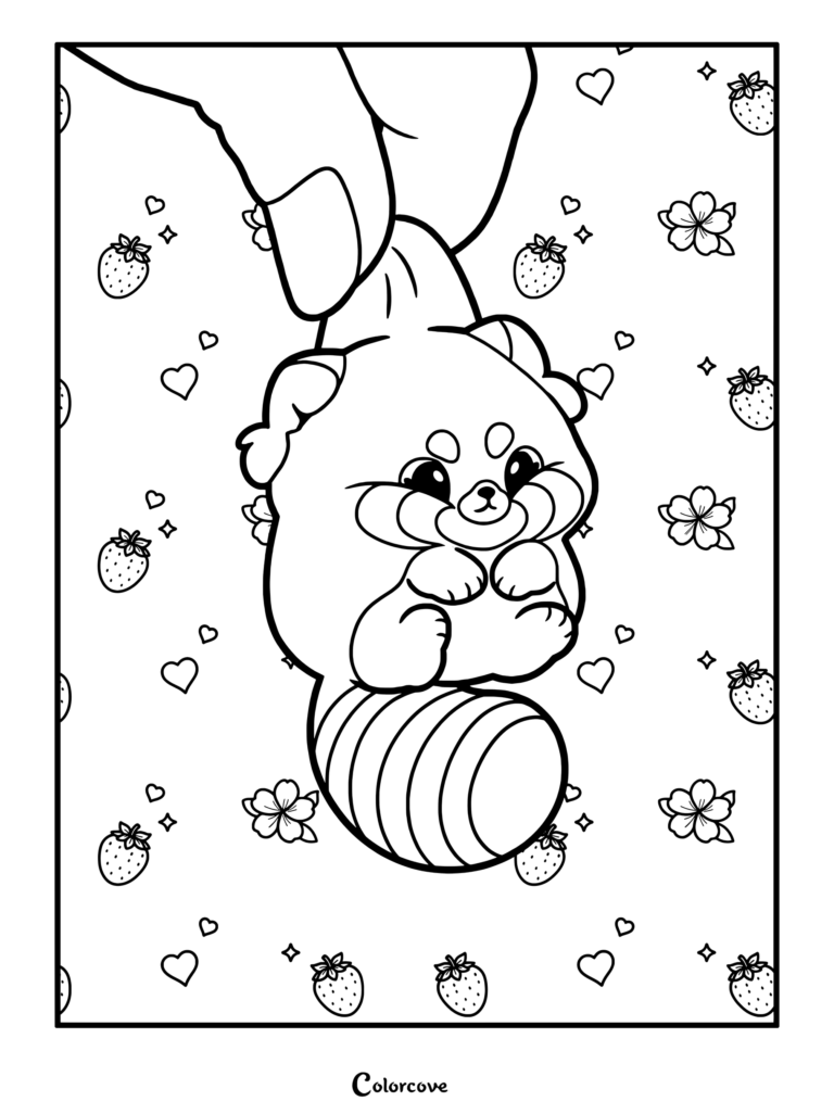 A hand holding a cute red panda by the scruff, featuring a strawberry and flower background pattern in this coloring page.