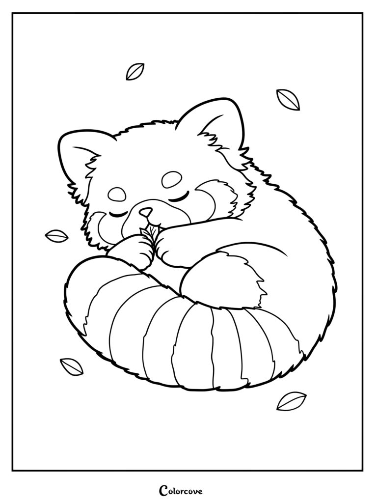 A cute red panda curled up sleeping while holding a leaf in this printable coloring page with falling leaves.