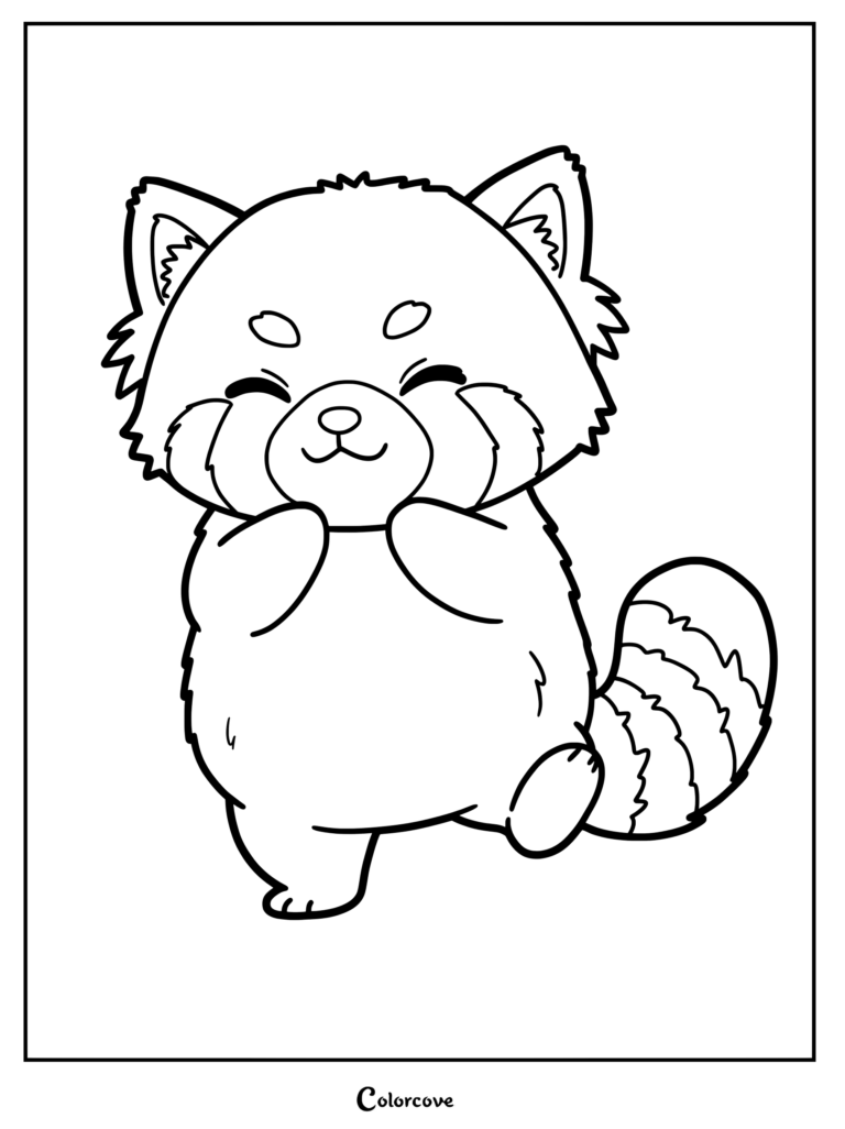 A cute red panda with a striped tail standing and smiling with paws held near its face in this printable coloring page.