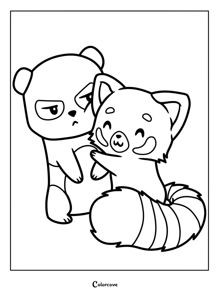 A cute red panda with a bushy striped tail hugging a grumpy-looking panda in this printable coloring page.