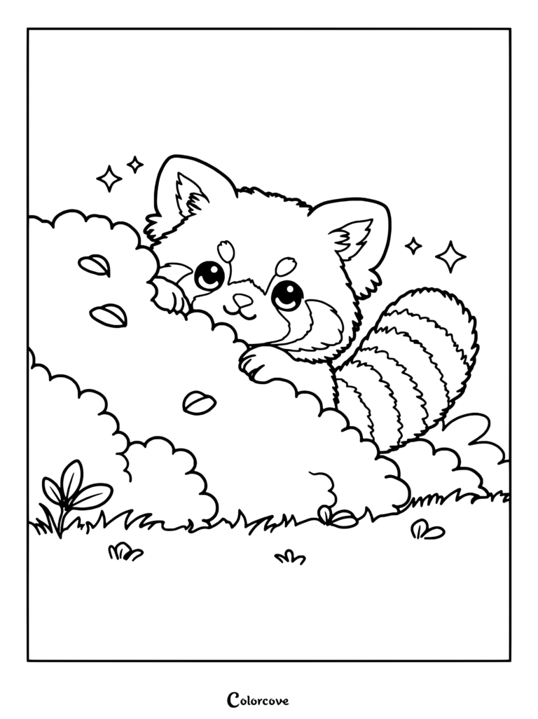 A cute red panda peeking over a leafy bush, printable coloring page with sparkling stars.