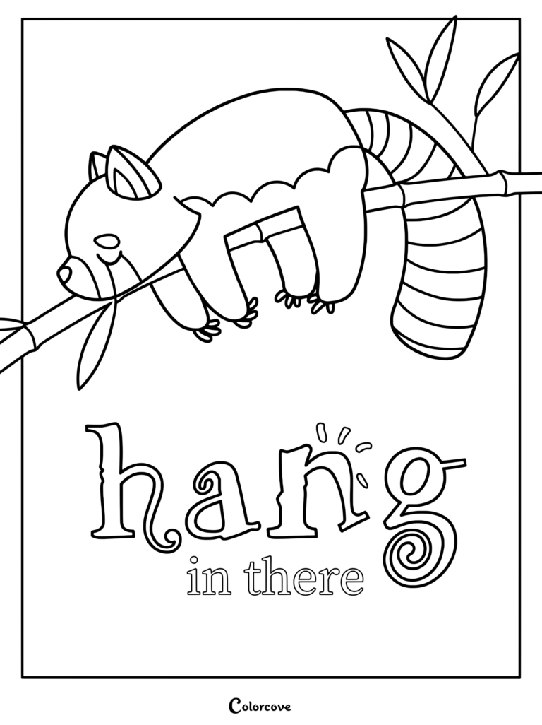A cute red panda sleeping on a bamboo branch with the text hang in there on this printable coloring page.