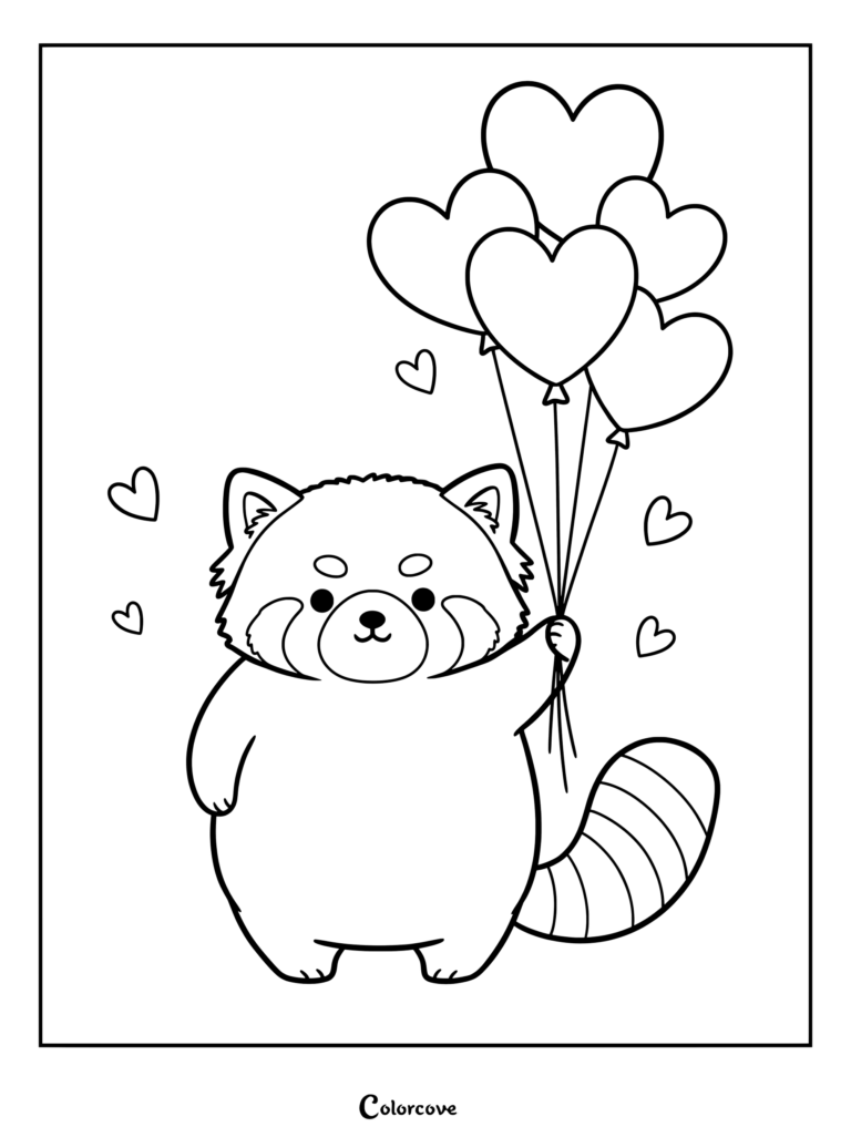 A cute red panda holding a bunch of heart-shaped balloons in this printable coloring page.