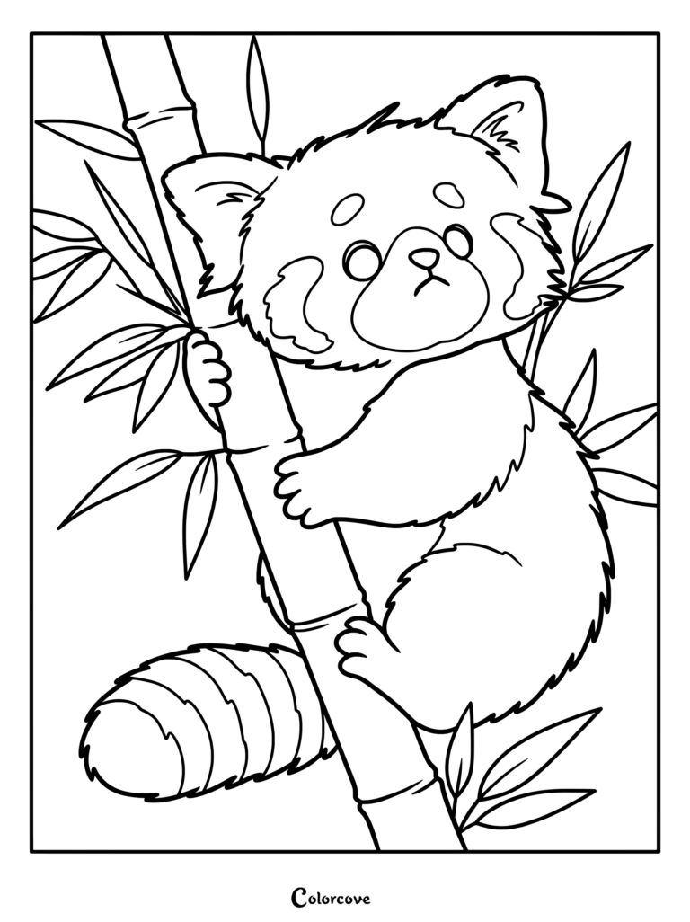 A cute red panda with a striped tail climbing a bamboo stalk in this printable coloring page.