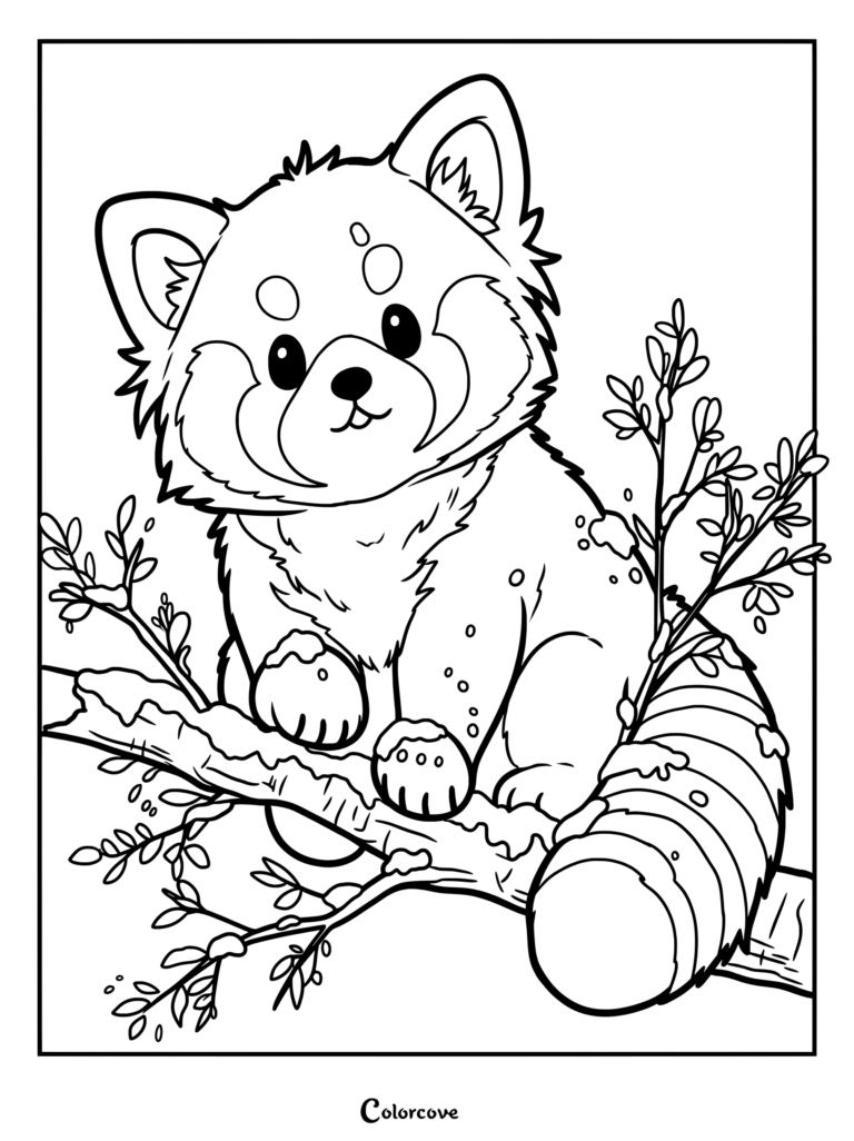 A cute red panda sitting on a snowy tree branch in this printable coloring page.