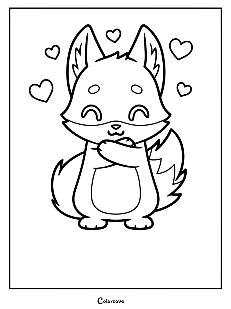 A cute red panda holding its paws to its chest surrounded by floating hearts in this printable coloring page.