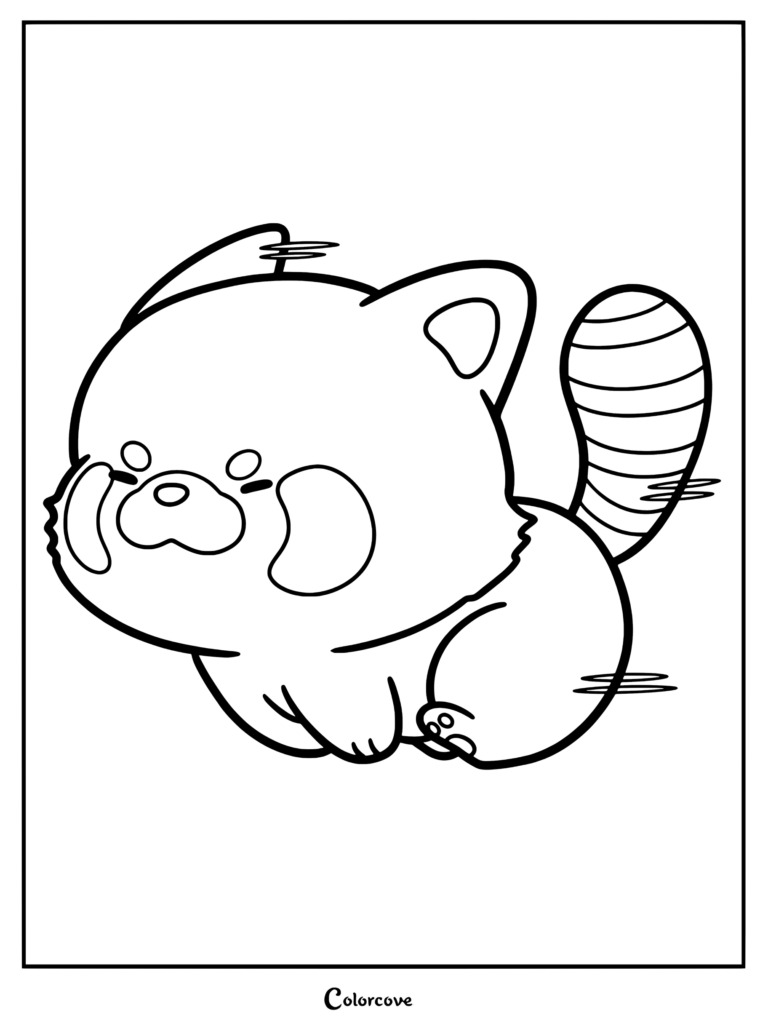 A cute red panda running with motion lines in this printable coloring page.