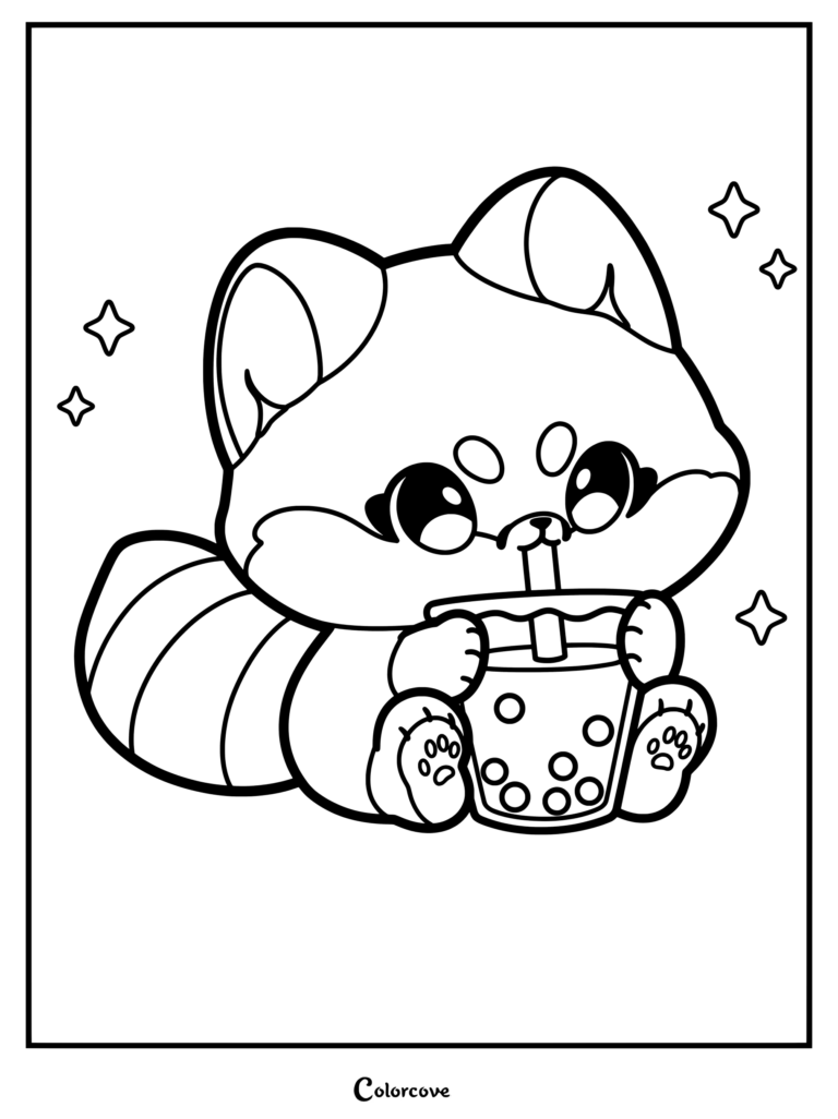 A cute red panda holding a cup of boba tea with a straw, surrounded by sparkling stars in this printable coloring page.