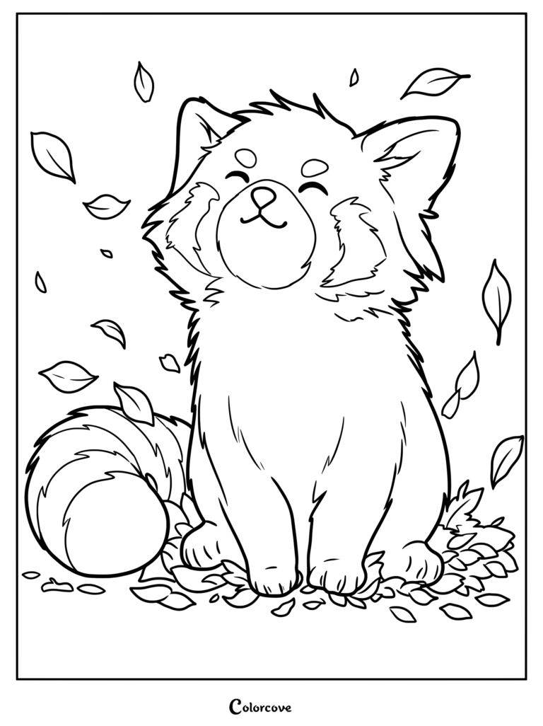 A happy red panda sitting in a pile of falling leaves, line art coloring page.