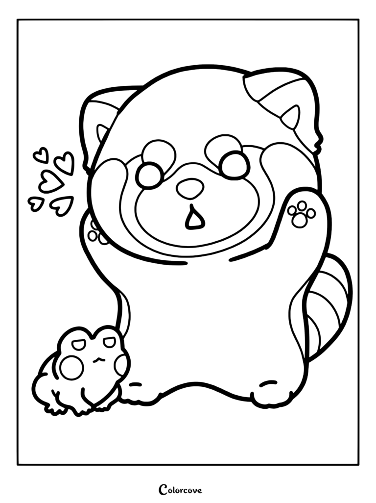 A cute red panda waving with hearts floating nearby next to a small frog in this printable coloring page.
