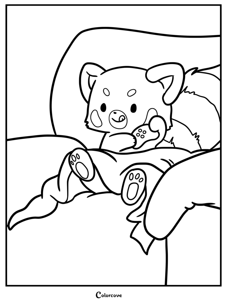 A cute red panda sitting on a couch holding a game controller, line art coloring page.