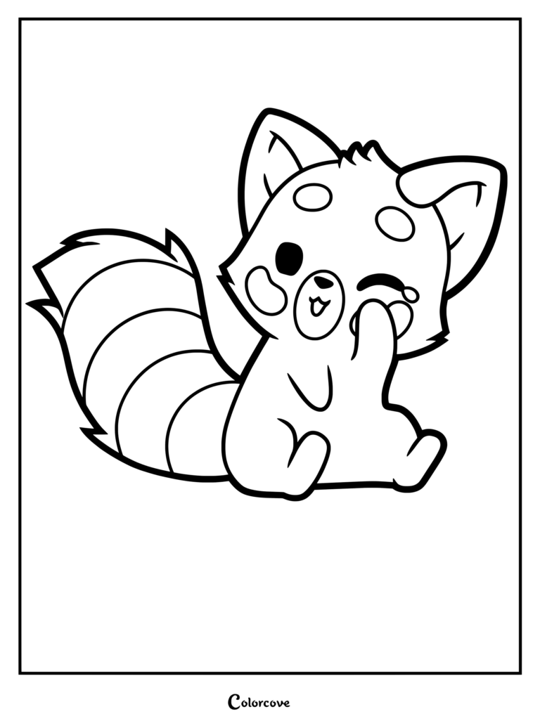 A cute winking red panda with a striped tail sitting in this printable coloring page.