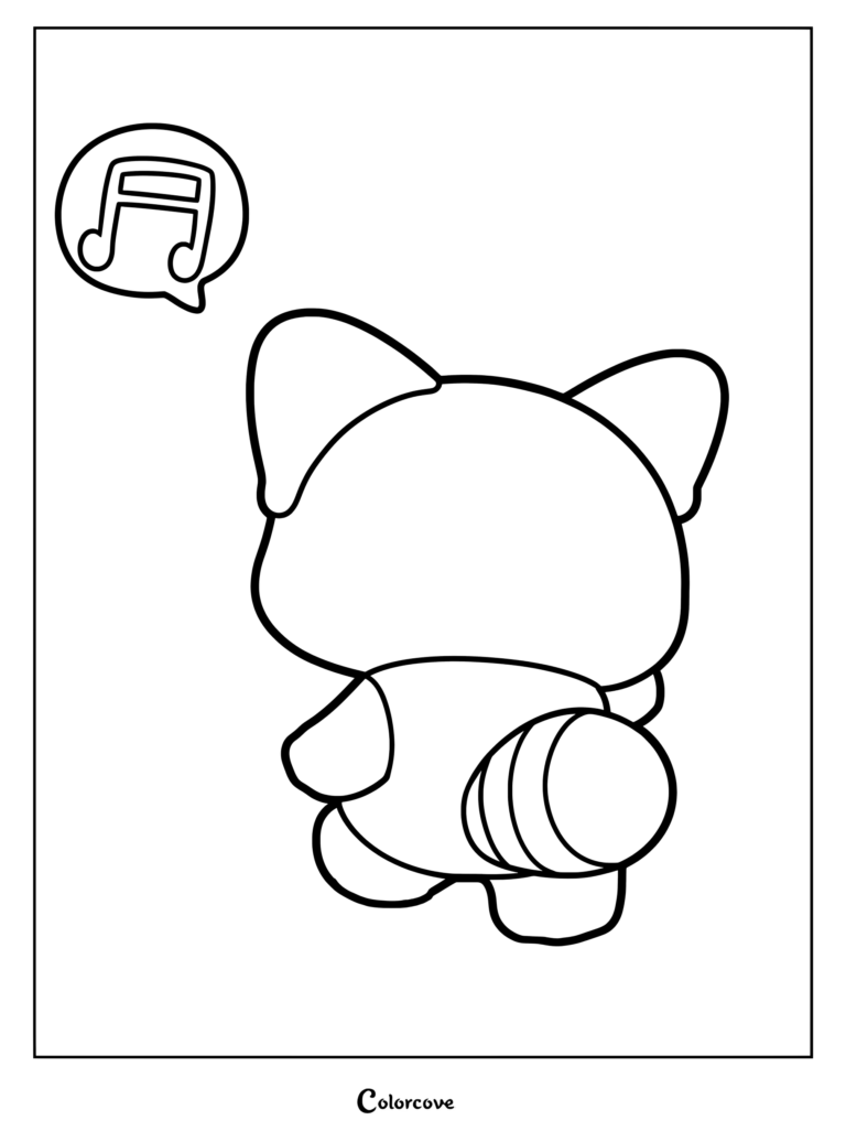 Back view of a cute red panda with a striped tail and a musical note speech bubble in this printable coloring page.