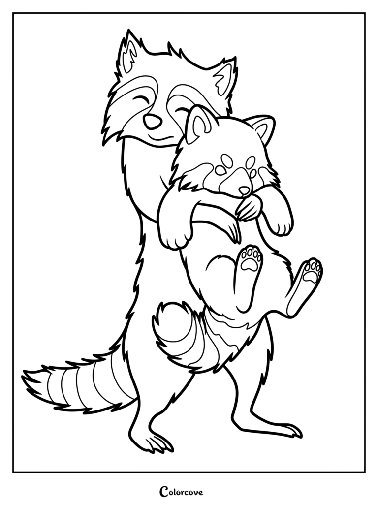 A friendly raccoon standing on hind legs and hugging a cute red panda in this printable coloring page.