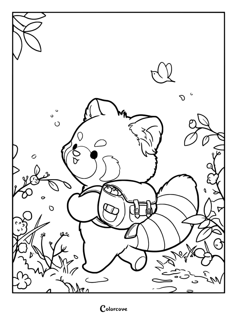 A cute red panda wearing a backpack walking through a forest, featured in a printable coloring page.