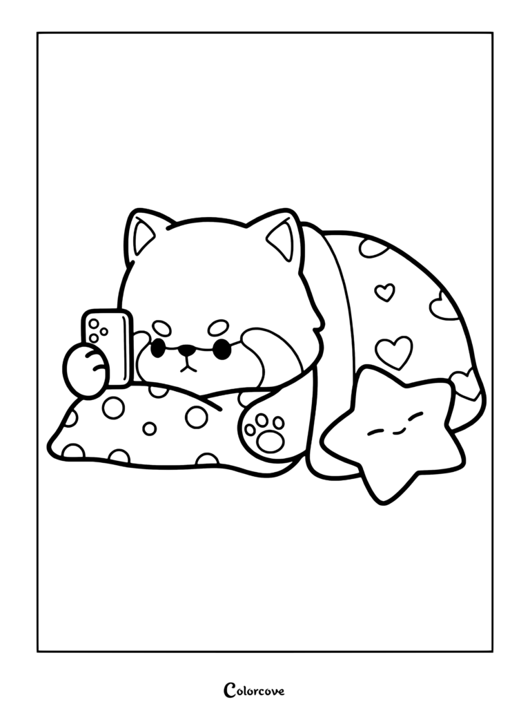 A cute red panda lying in bed under a heart-patterned blanket, holding a smartphone, with a star-shaped pillow, printable coloring page.