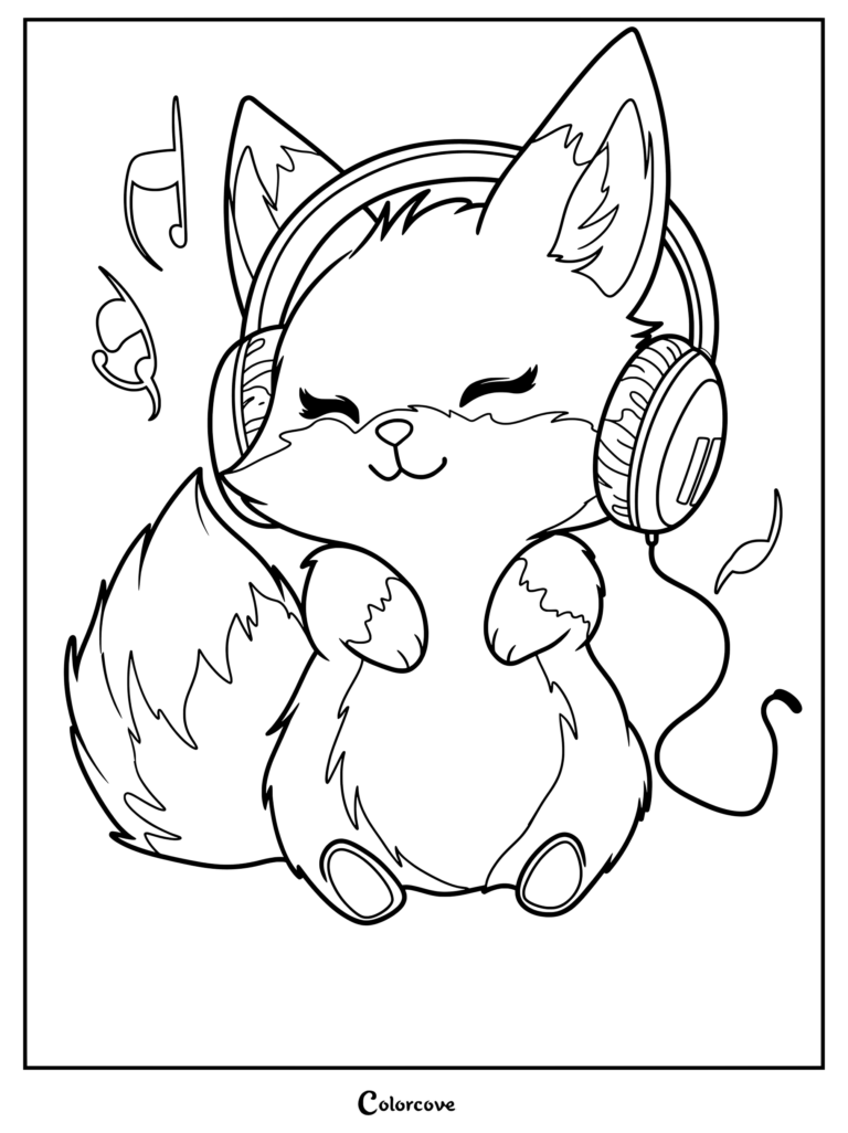 A cute red panda wearing large headphones with musical notes floating around in this printable coloring page.