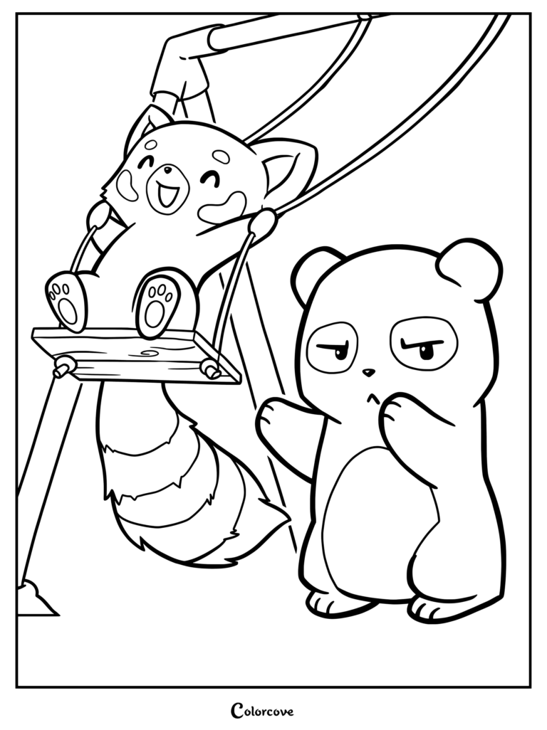 A happy red panda swinging on a playground swing while a grumpy bear stands nearby in this printable coloring page.