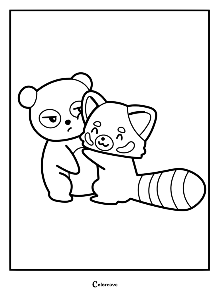 A happy red panda with a striped tail hugging a skeptical-looking panda bear in this printable coloring page.