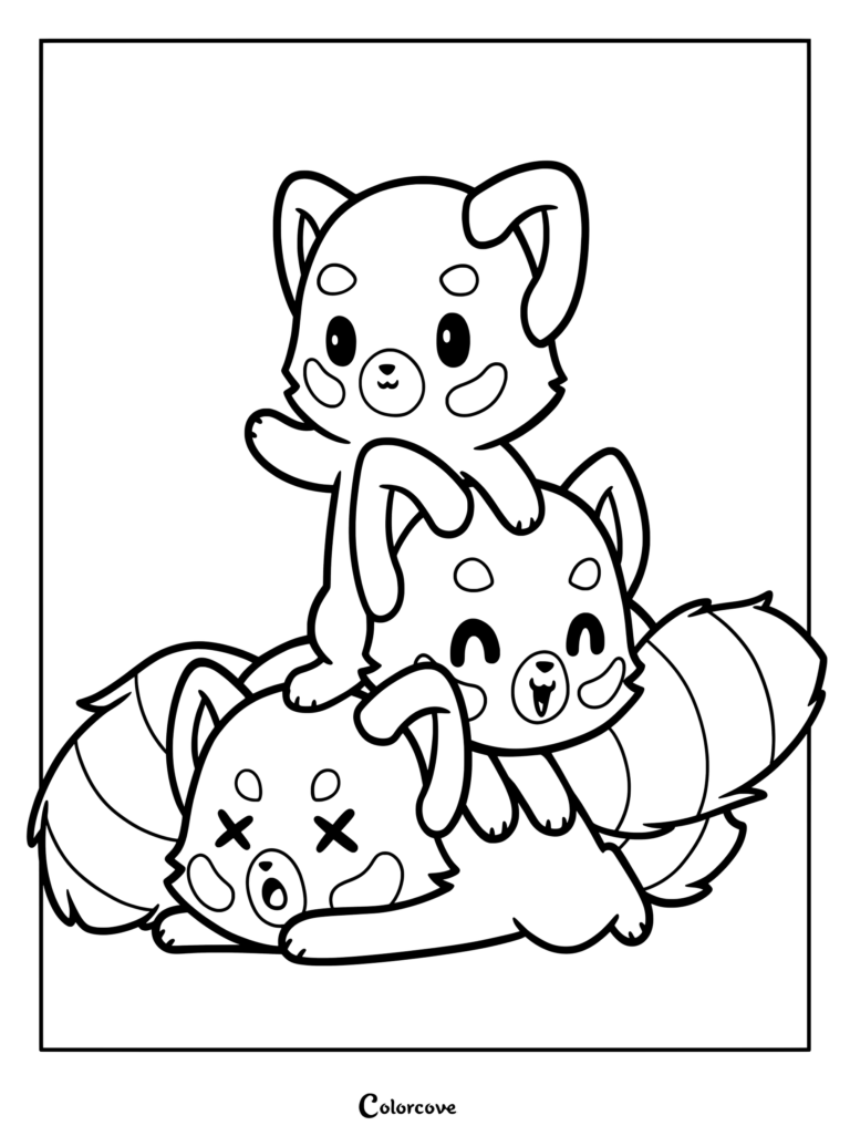 Three cute red pandas in a playful stack, one lying down with X eyes, coloring page.