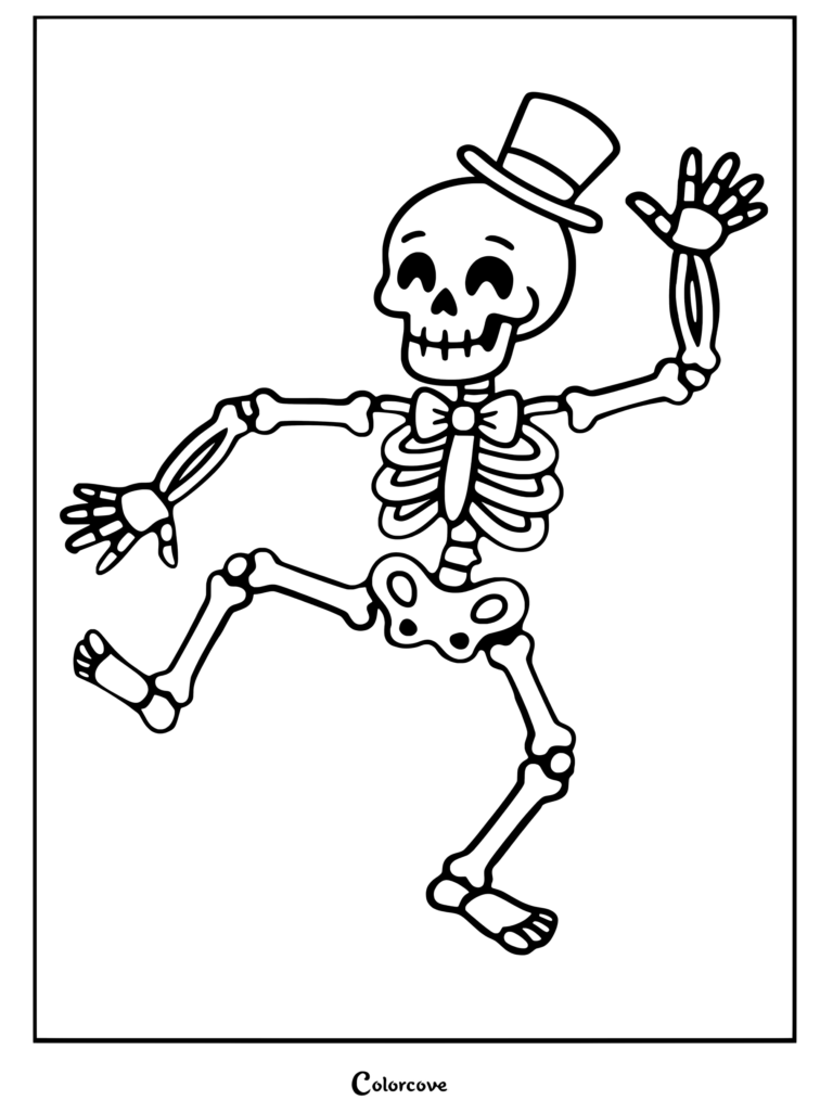 Un squelette mignon dansant avec un chapeau violet et des notes de musique, prêt pour une activité de coloriage amusante.