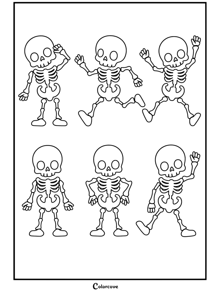 Page de coloriage de Squelettes Mignons représentant six adorables squelettes de dessin animé posant sur un fond sombre.