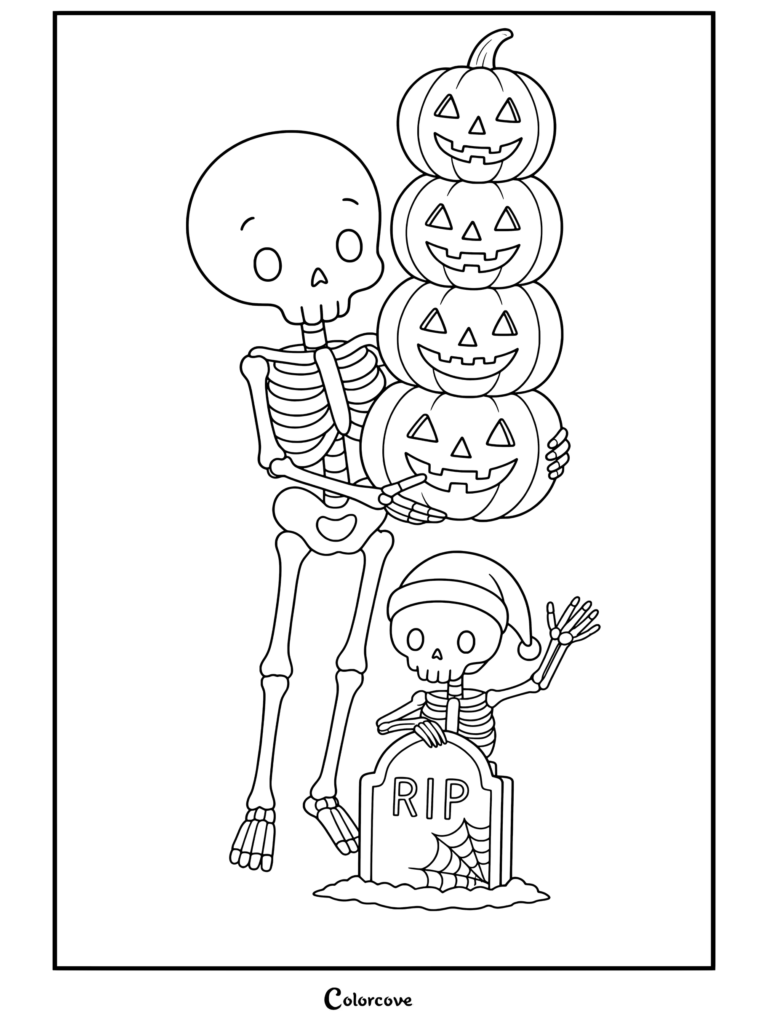 Illustration gratuite à l'aquarelle de Squelettes Mignons pour Halloween, clip-art de personnage de crâne effrayant isolé, page de coloriage représentant un grand squelette équilibrant quatre citrouilles d'Halloween et un squelette plus petit faisant coucou derrière une pierre tombale RIP.