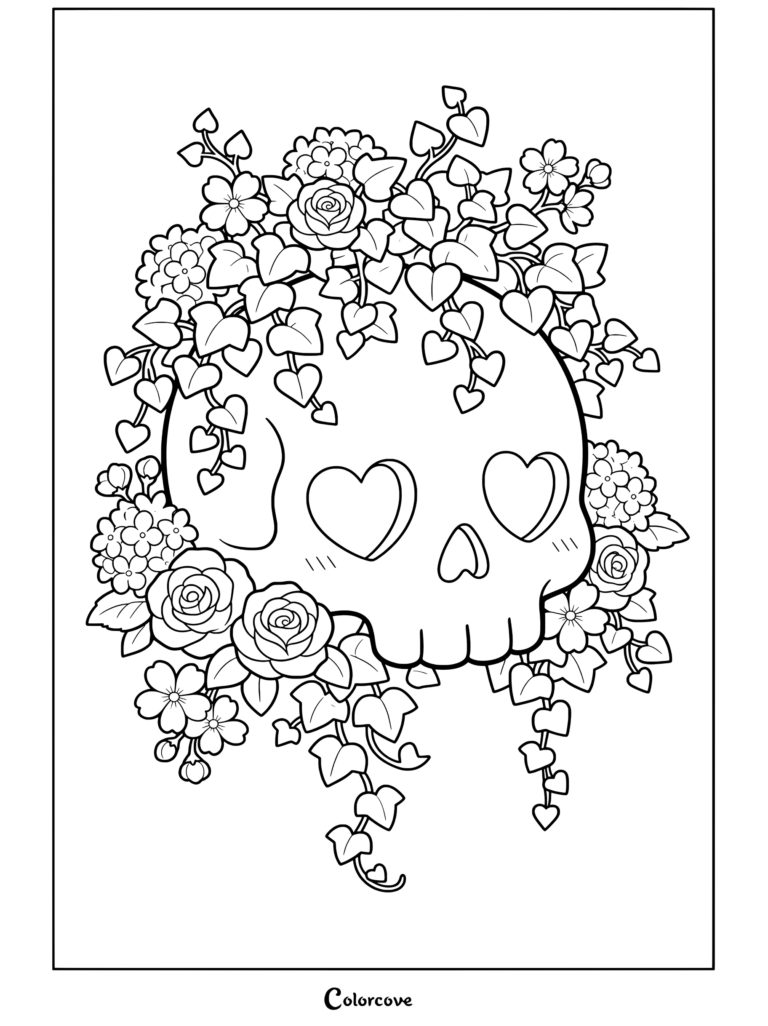 Page de coloriage à imprimer d'un crâne pastel mignon décoré de lianes et de fleurs pour les fans de Squelettes Mignons.