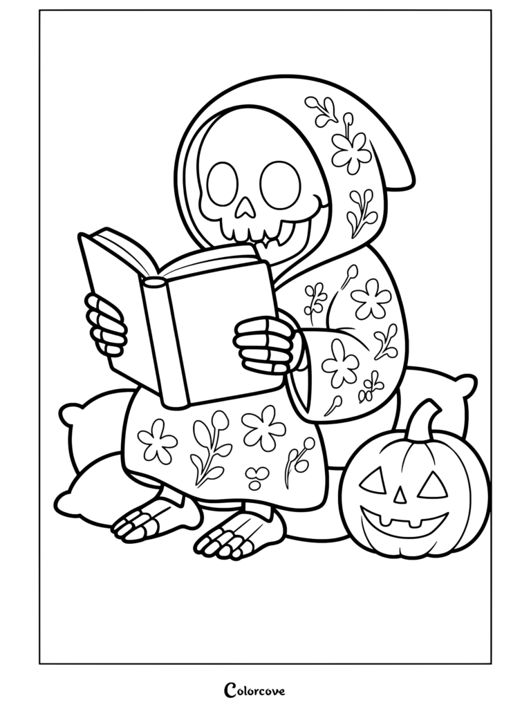 Page de coloriage représentant un squelette mignon dans une robe à capuche florale lisant un livre à côté d'une citrouille d'Halloween.