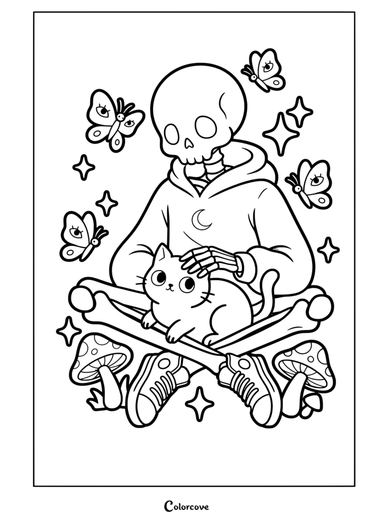 Page de coloriage d'un squelette mignon en sweat à capuchon assis en tailleur caressant un chat noir entouré de papillons et de champignons.