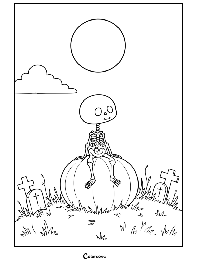 Page de coloriage d'un squelette mignon assis sur une citrouille géante sous unePleine lune dans un cimetière la nuit.