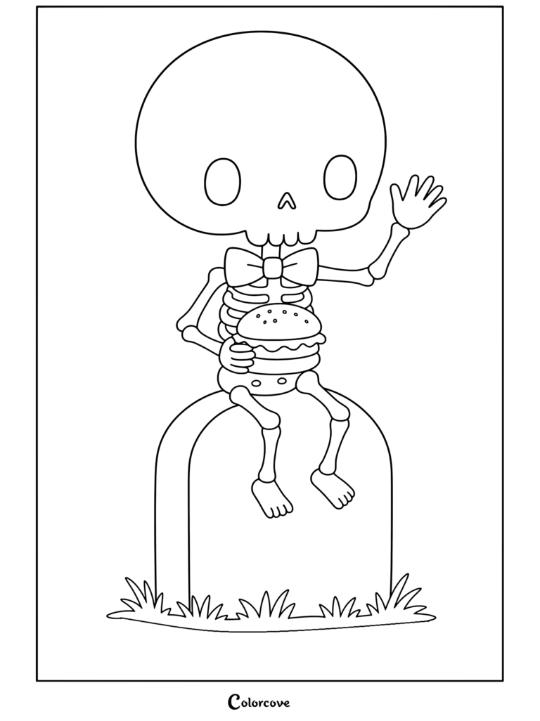 Page de coloriage de Squelettes Mignons représentant un squelette joyeux portant un nœud papillon, assis sur une pierre tombale dans l'herbe, tenant un hamburger et faisant coucou.