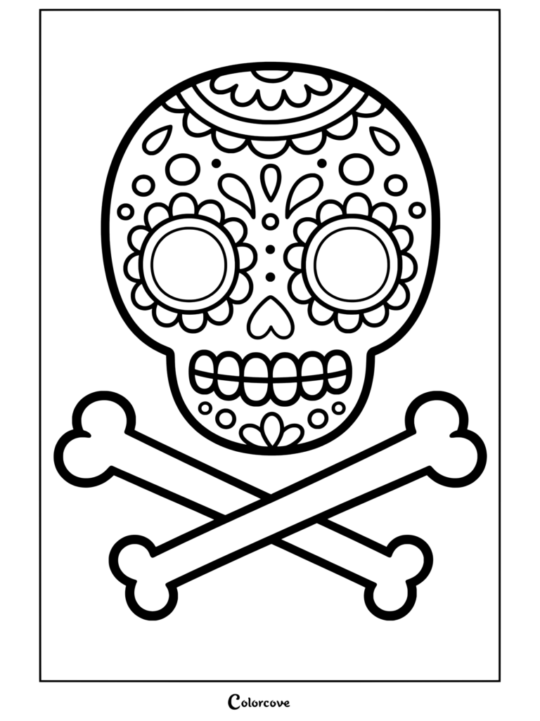 Une page de coloriage à imprimer représentant un crâne en sucre de squelette mignon décoré de motifs floraux et d'une paire d'os croisés en dessous.