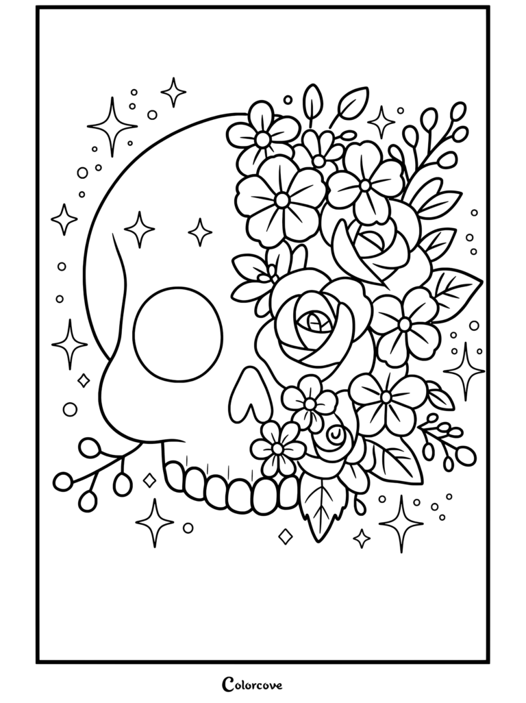 Page de coloriage de Squelettes Mignons représentant un crâne gothique pastel décoré de fleurs et d'étoiles roses et violettes sur un fond violet doux.