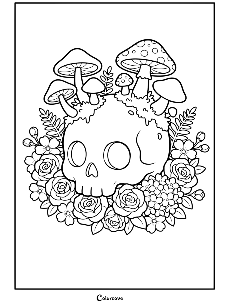 Page de coloriage de Squelettes Mignons représentant un crâne kawaii pastel entouré de champignons et de fleurs.