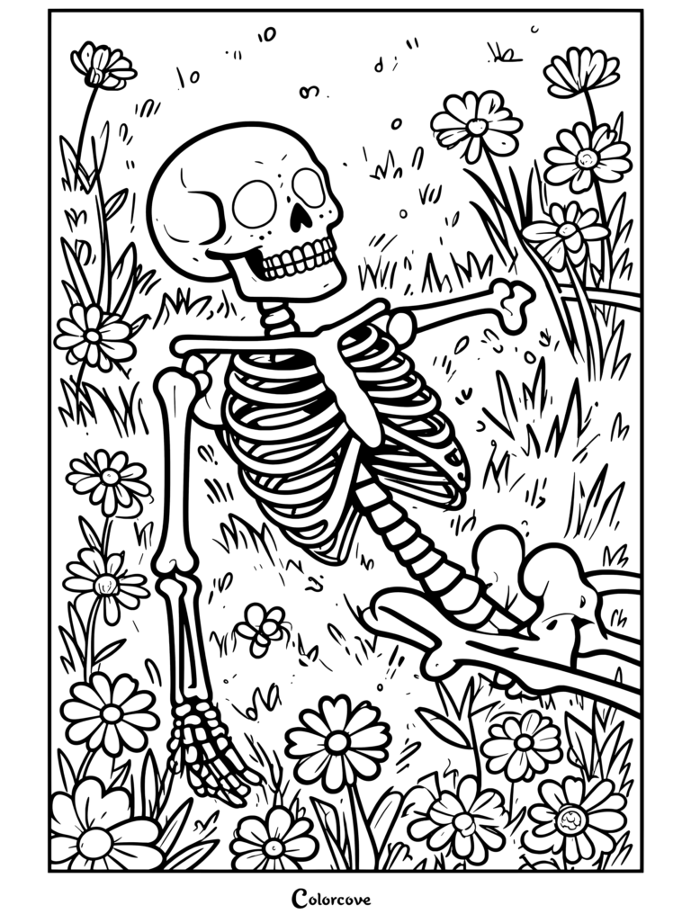 Squelette de dessin animé allongé dans l'herbe entouré de fleurs colorées sur une page de coloriage représentant un squelette mignon se détendant à l'extérieur.