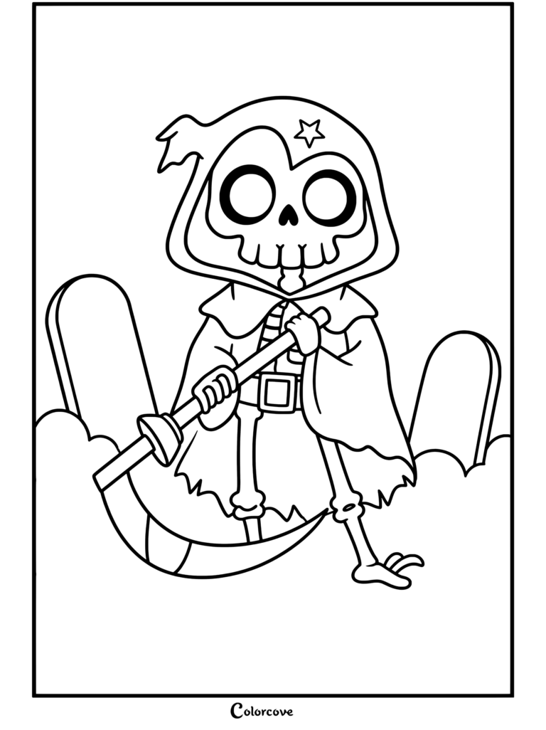 Un faucheur squelette ludique tenant une faux dans un cimetière, conçu comme une page de coloriage de Squelettes Mignons.