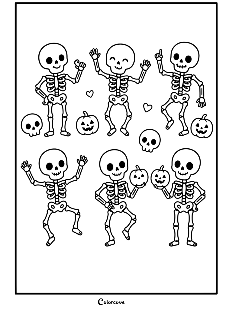 Une page de coloriage de Squelettes Mignons représentant six squelettes de dessin animé dansant et tenant des citrouilles d'Halloween, entourés de crânes et de petits cœurs.