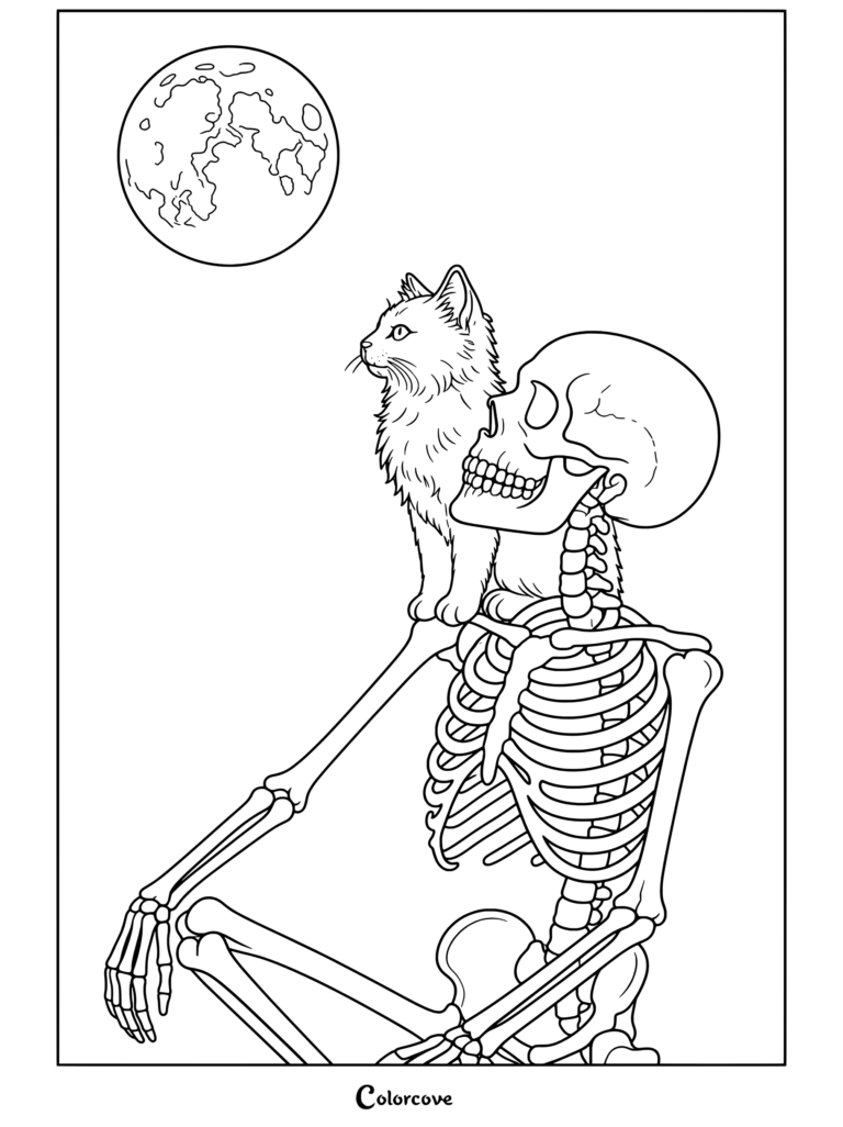 Une page de coloriage représentant un squelette mignon et un chat regardant la lune, pour les enfants et les adultes.