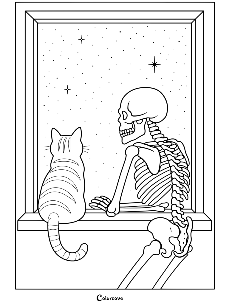 Une page de coloriage à imprimer d'un squelette mignon et d'un chat tabby orange regardant par la fenêtre un ciel nocturne étoilé.