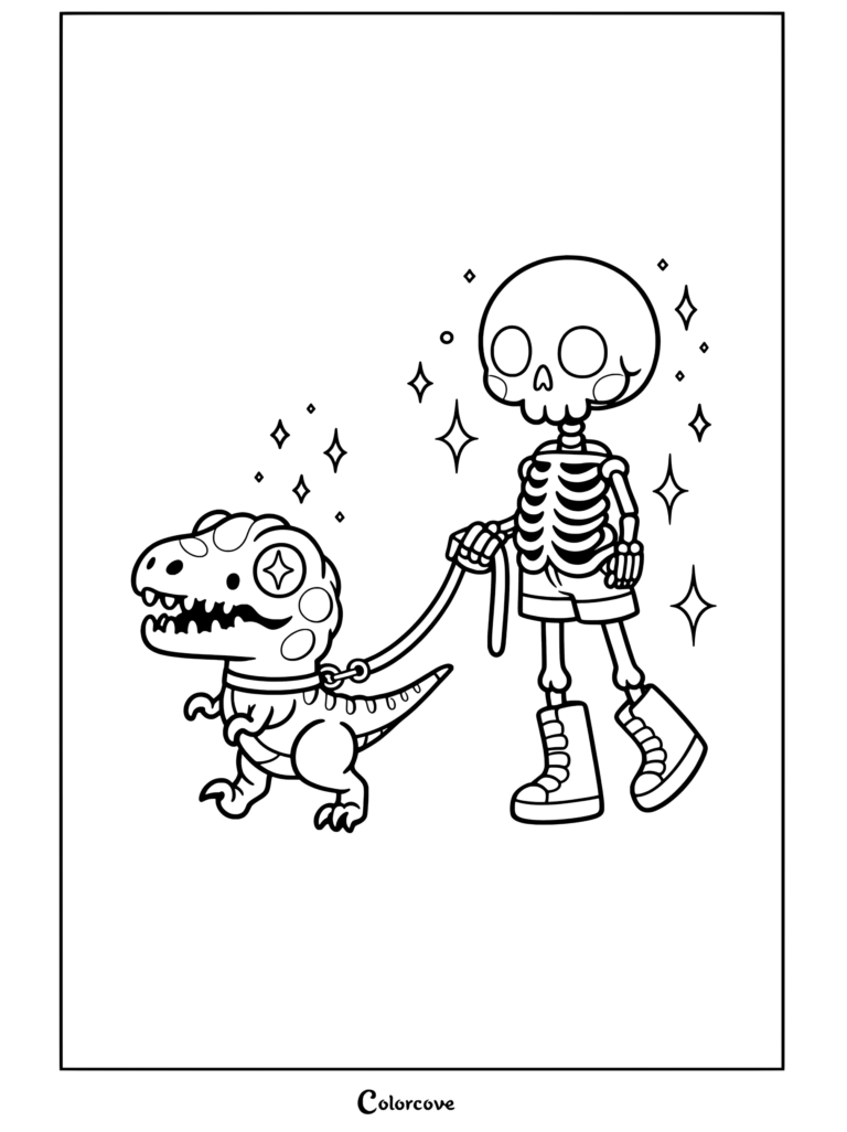 Une page de coloriage de Squelettes Mignons représentant un personnage de squelette promenant un dinosaure arc-en-ciel en laisse.