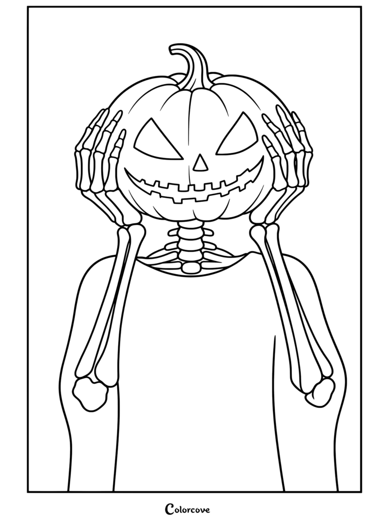 Page de coloriage à imprimer d'un squelette mignon avec une tête de citrouille d'Halloween ressemblant au tableau Le Cri, tenant sa tête avec des mains osseuses.