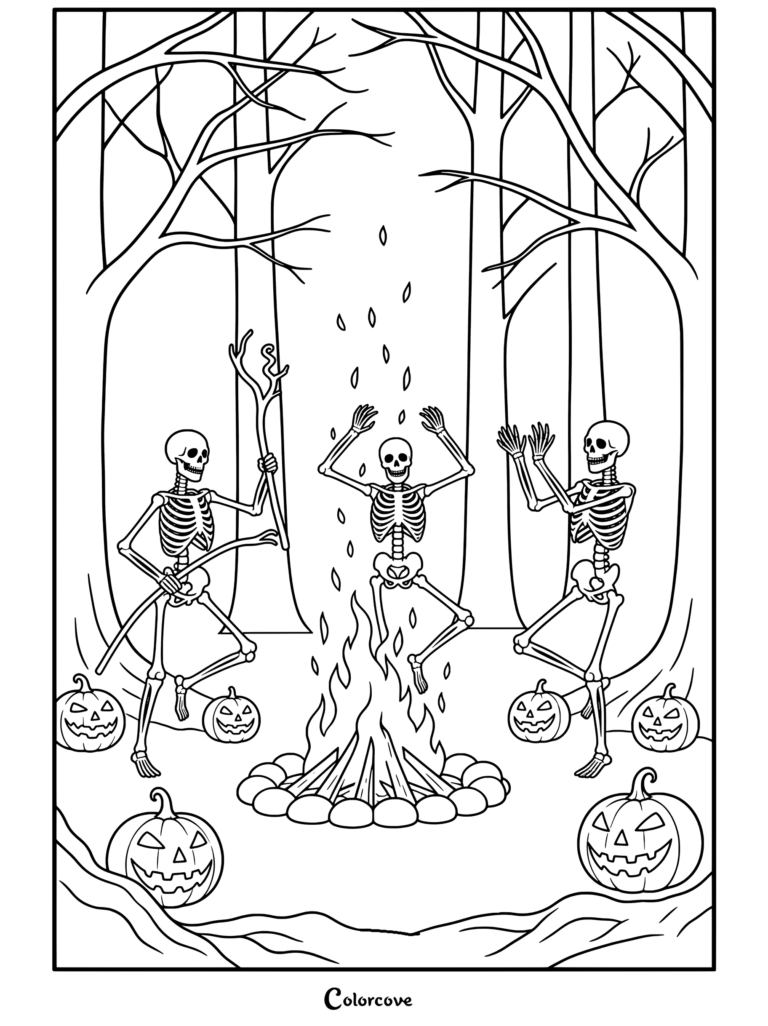 Page de coloriage à imprimer de trois squelettes dansant autour d'un feu de camp dans une forêt effrayante avec des citrouilles d'Halloween représentant des Squelettes Mignons.