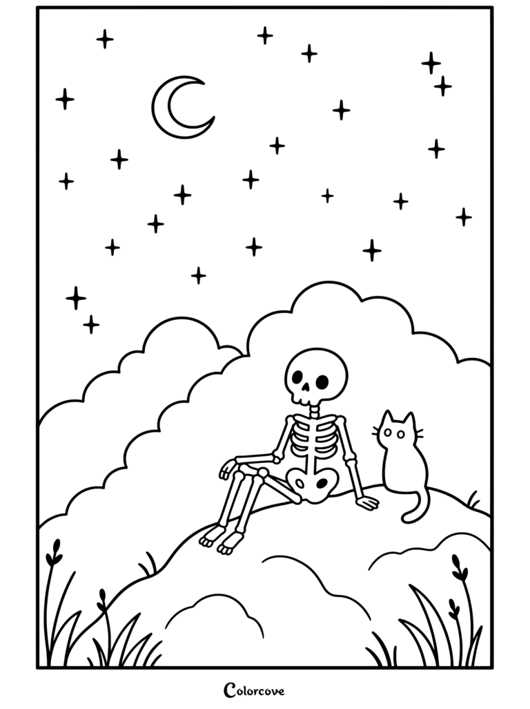 Page de coloriage à imprimer d'un squelette mignon et d'un chat noir assis ensemble sur un rocher sous un ciel nocturne étoilé avec un croissant de lune.
