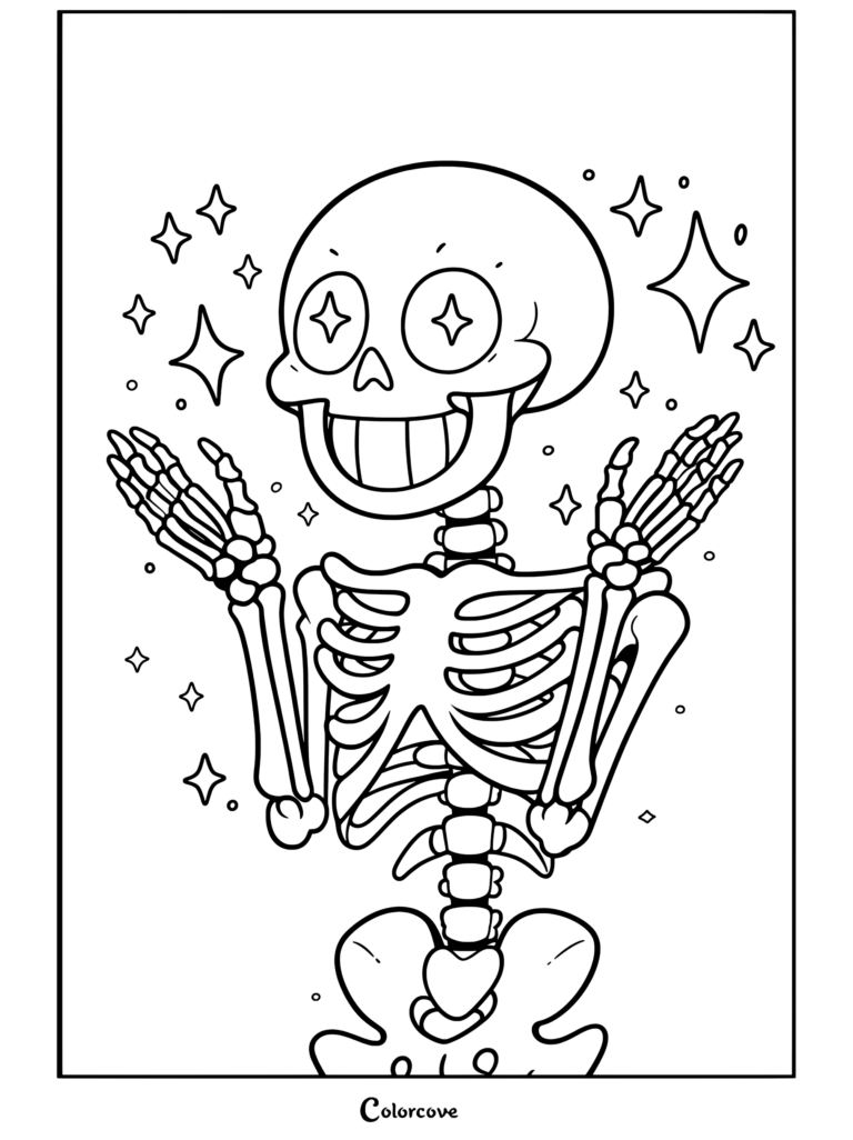 Une page de coloriage de Squelettes Mignons représentant un squelette de dessin animé avec des yeux en forme d'étoile souriant et faisant des gestes sur fond jaune.