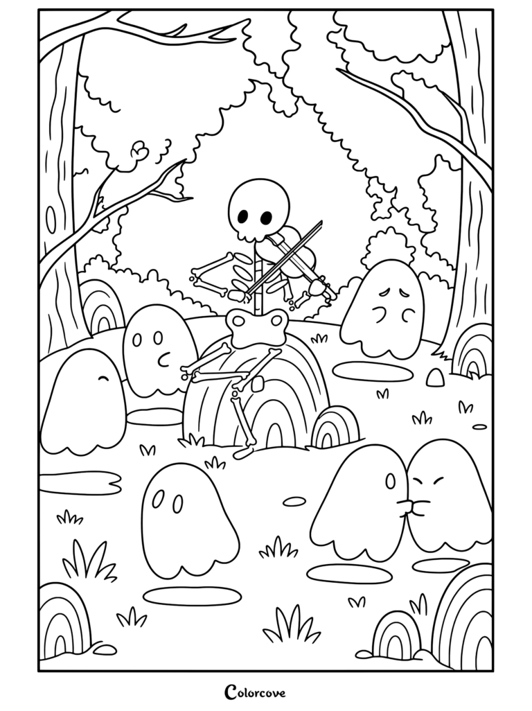 Une page de coloriage d'un squelette mignon jouant du violon entouré de gentils fantômes dans une forêt.